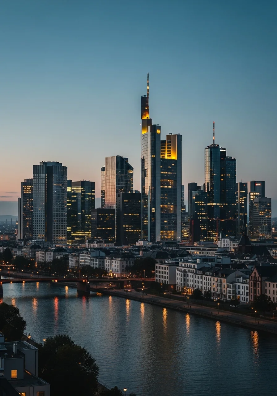Frankfurter Skyline mit Bürotürmen zur blauen Stunde