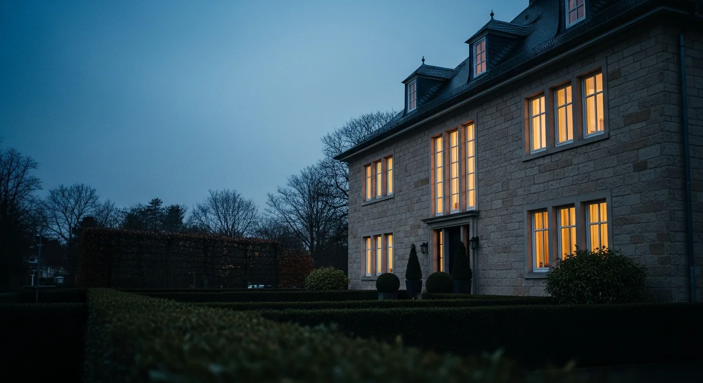 Stein-verkleidetes Wohnhaus im Taunus zur Dämmerung mit warm leuchtenden Fenstern